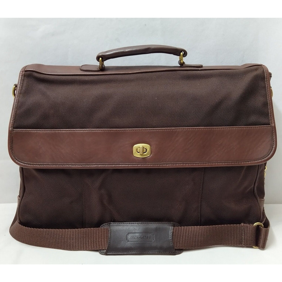 Coach Brown Nylon Leather Turnlock Briefcase Messenger Crossbody Bag - Vintage - Picture 1 of 16
